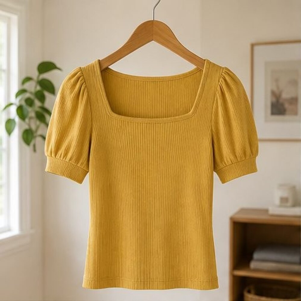 Mustard Ribbed Square Neck Top - Picture 1 of 6